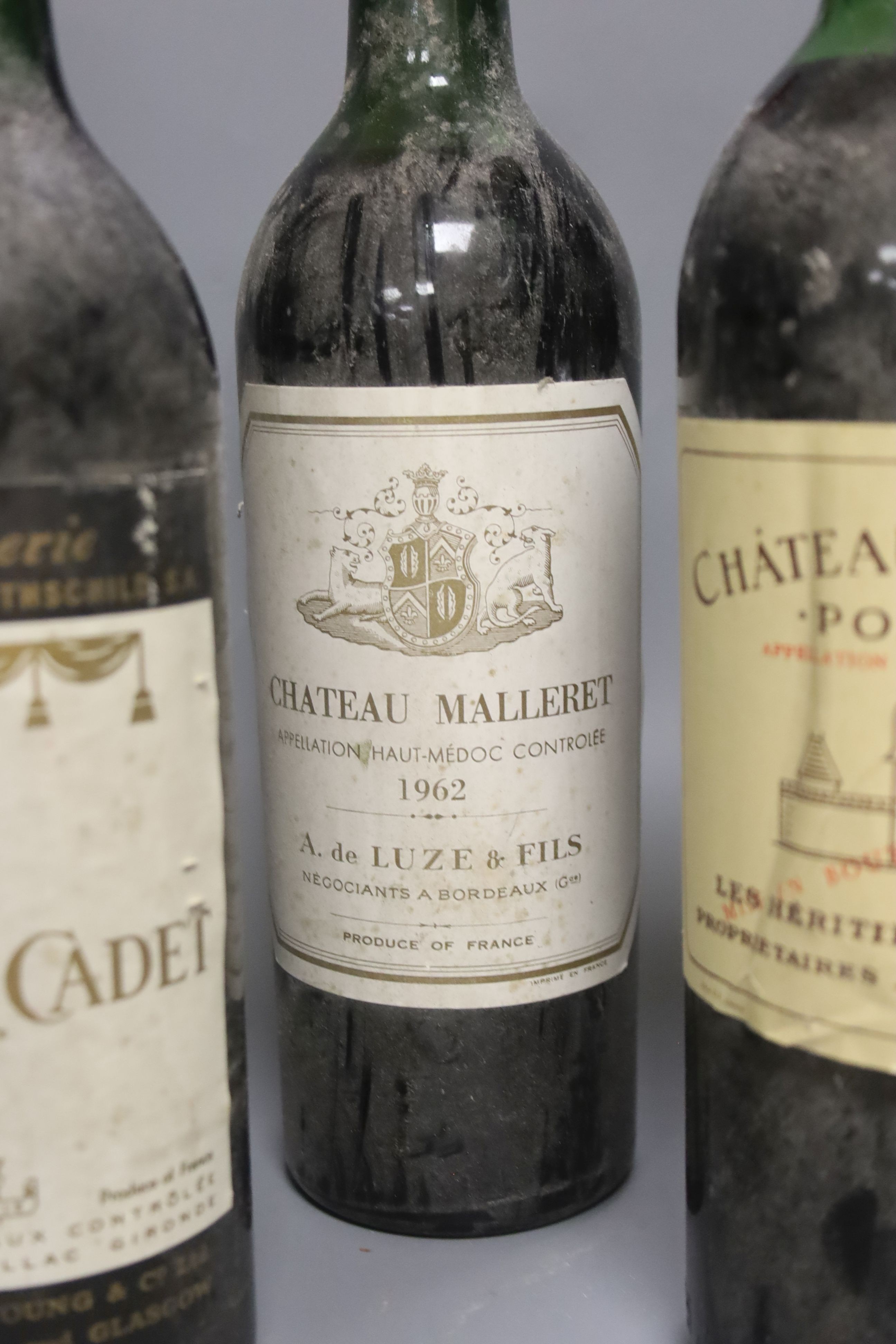 Six Bordeaux wines including Mise de La Baronnie, 1999 & 2000, two Mouton Cadet 1966, one Chateau de Sales, Pomerol, 1970 and one Malleret, 1962